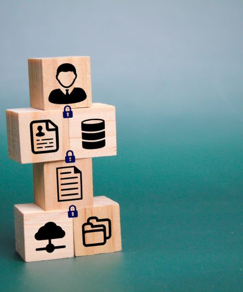 wooden cube with private data icon locked. Personal data